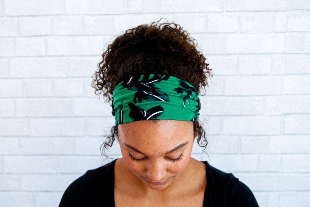 Handmade Green Brush Stroke Button Headband: Mask Comfort