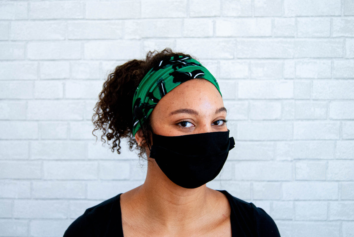 Handmade Green Brush Stroke Button Headband: Mask Comfort