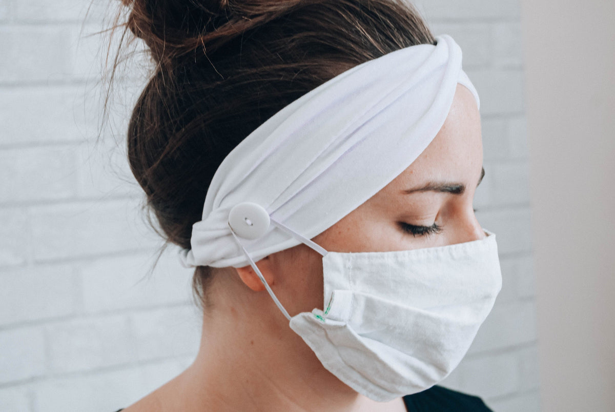 White Button Headband: Handmade Twist Style, Mask Comfort