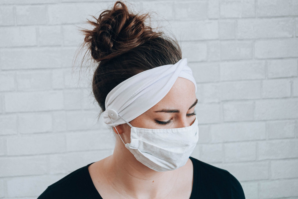 White Button Headband: Handmade Twist Style, Mask Comfort
