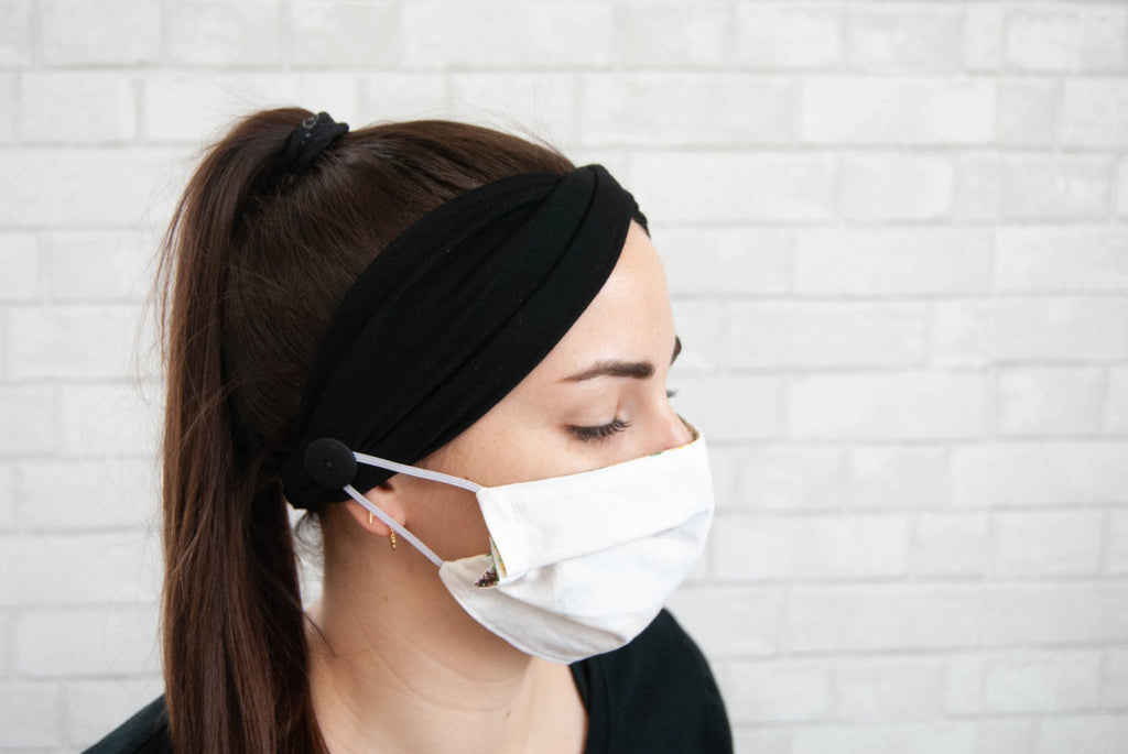 BUTTON TWIST HEADBAND: Soft Black Headband with Buttons Attached, Nursing Comfort Sweat Absorbent Headband for Face Mask