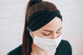 BUTTON TWIST HEADBAND: Soft Black Headband with Buttons Attached, Nursing Comfort Sweat Absorbent Headband for Face Mask