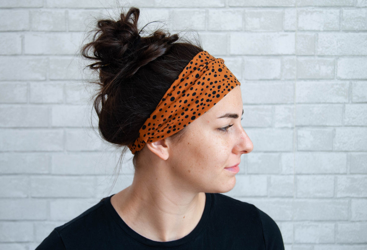 Soft No Slip Comfort Wide Sweat Headband Burnt Orange Dot Print
