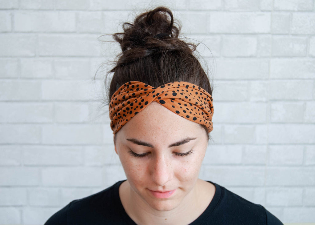 Soft No Slip Comfort Wide Sweat Headband Burnt Orange Dot Print