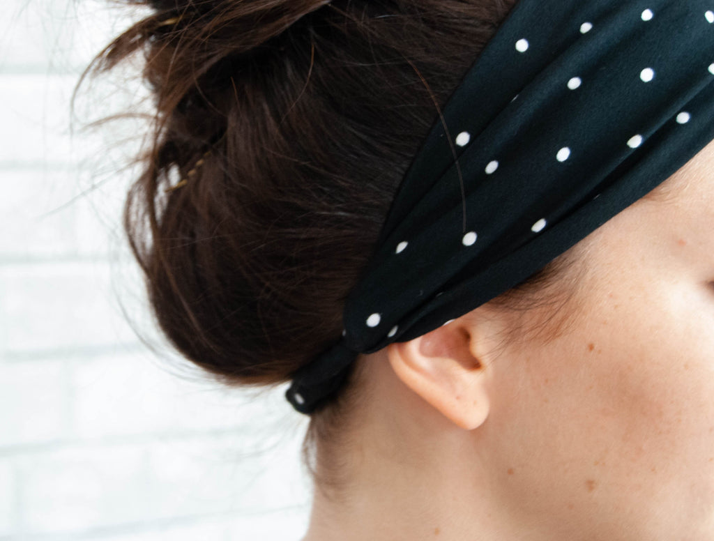 No Slip Super Soft Wide Twist Sweat Headband Black Polka Dots