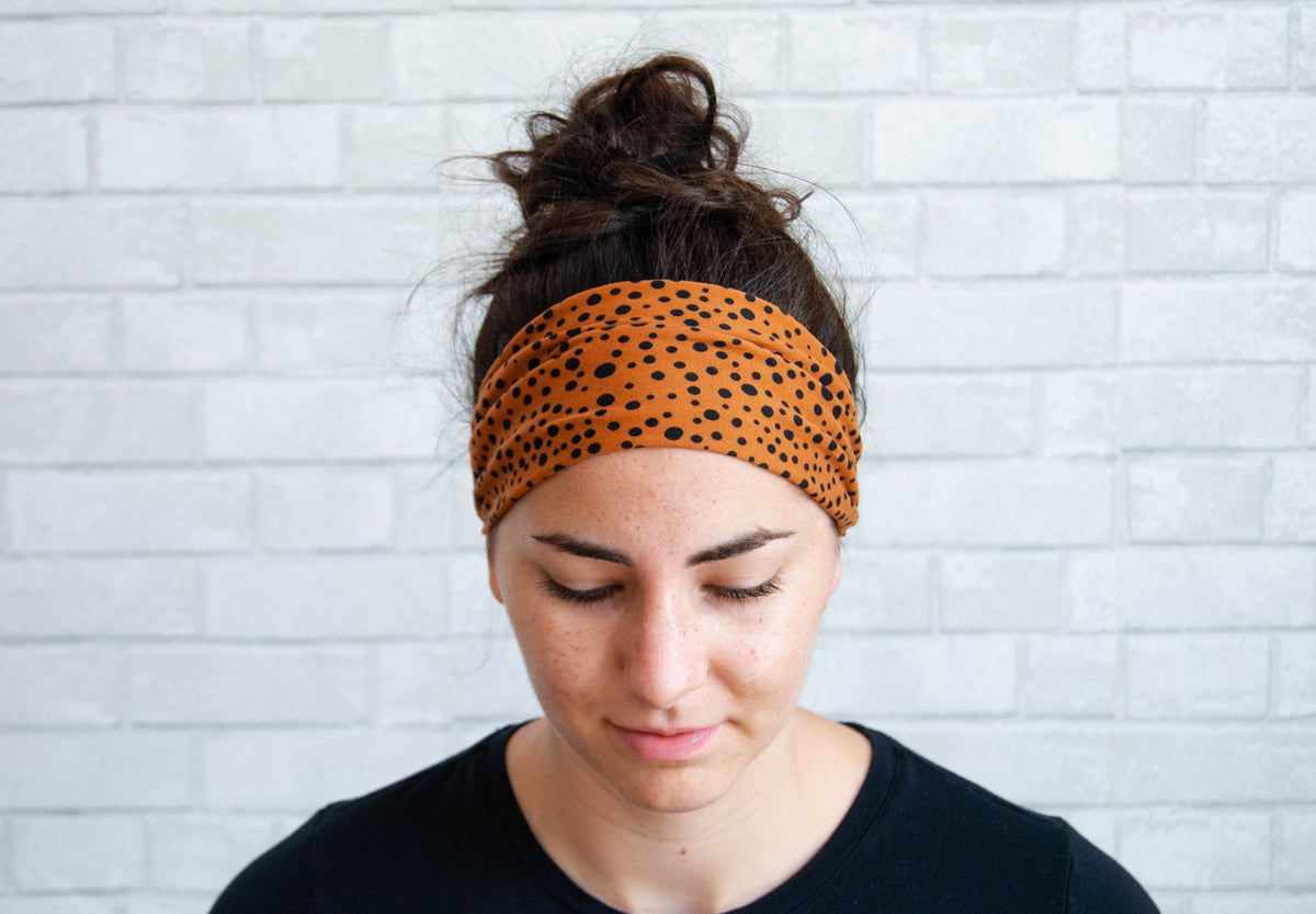 Soft No Slip Comfort Wide Sweat Headband Burnt Orange Dot Print