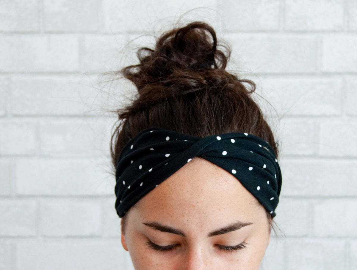 No Slip Super Soft Wide Twist Sweat Headband Black Polka Dots