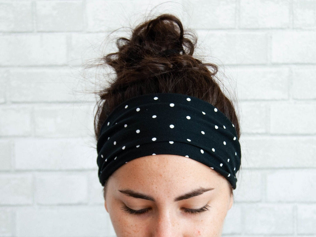 No Slip Super Soft Wide Twist Sweat Headband Black Polka Dots