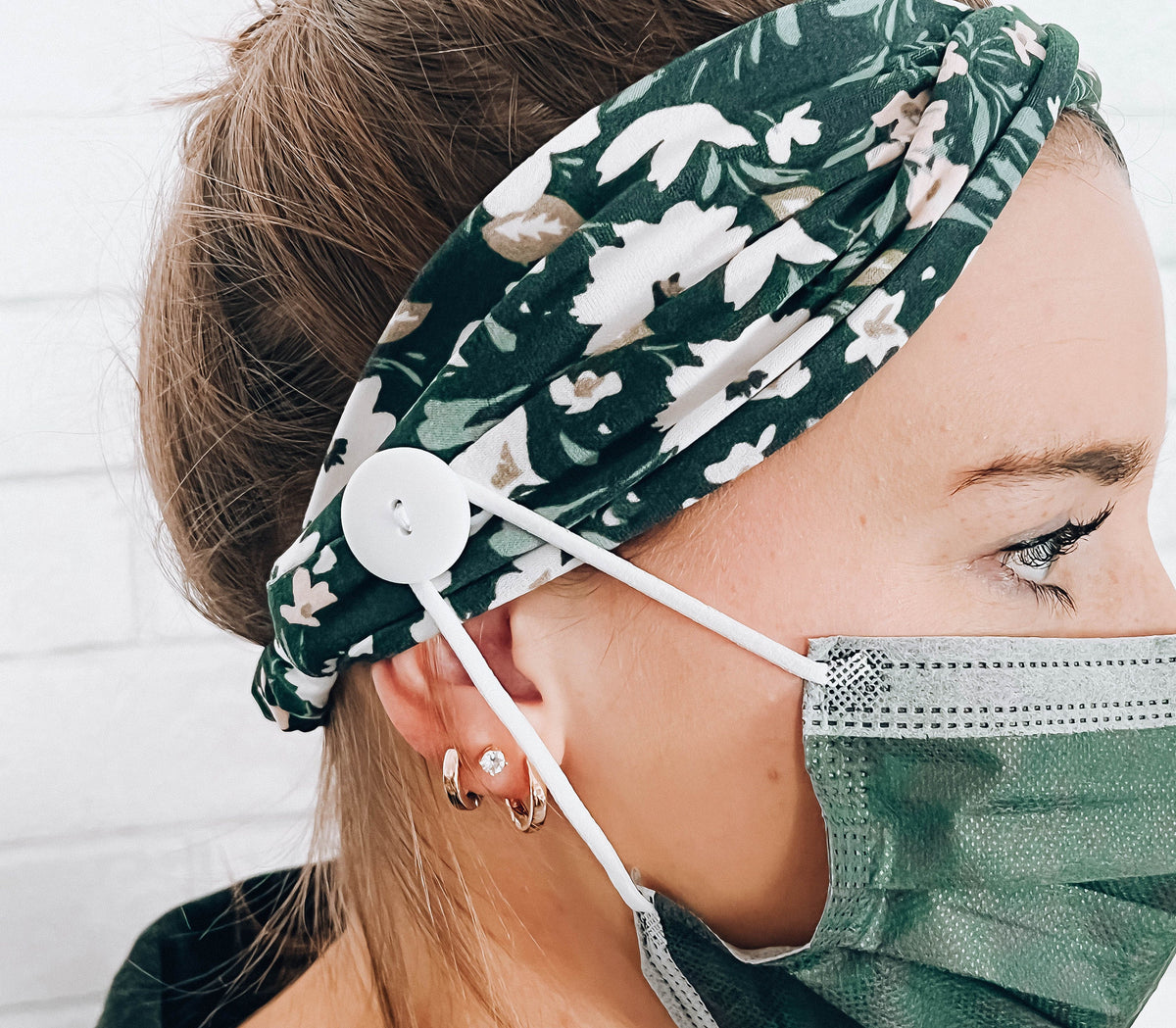 Ear Saver Button Headband Grey Floral Soft Nurse Healthcare Hairband