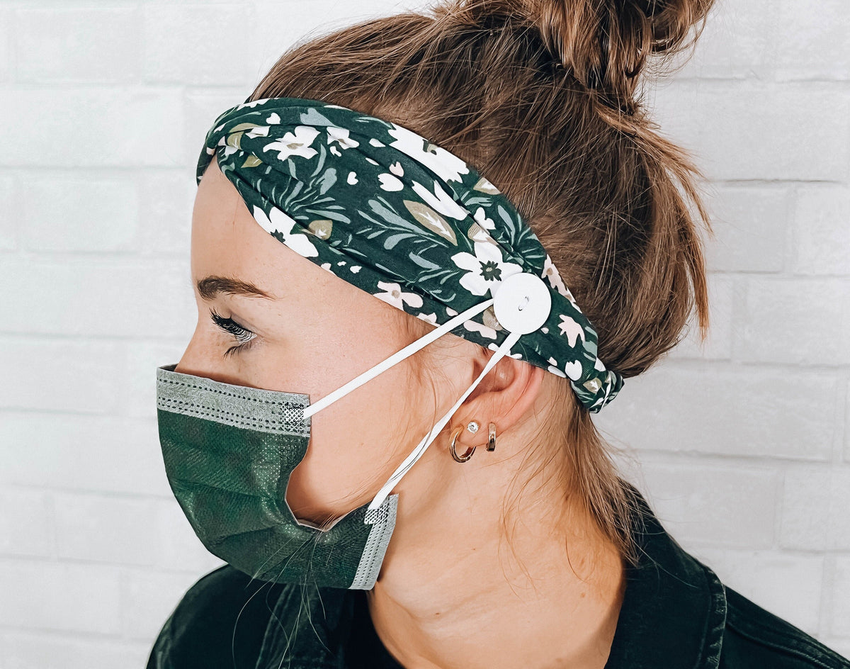Ear Saver Button Headband Grey Floral Soft Nurse Healthcare Hairband