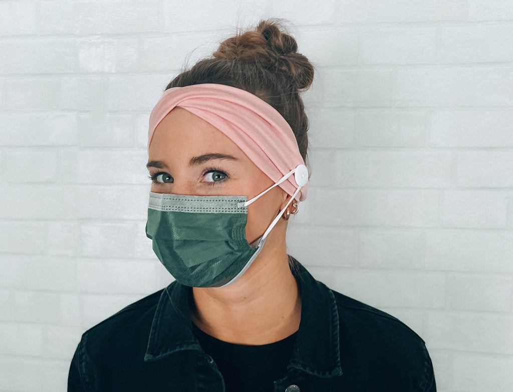 BUTTON TWIST HEADBAND: Soft Pink Headband with Buttons Attached, Healthcare Comfort Sweat Absorbent Headband for Face Mask