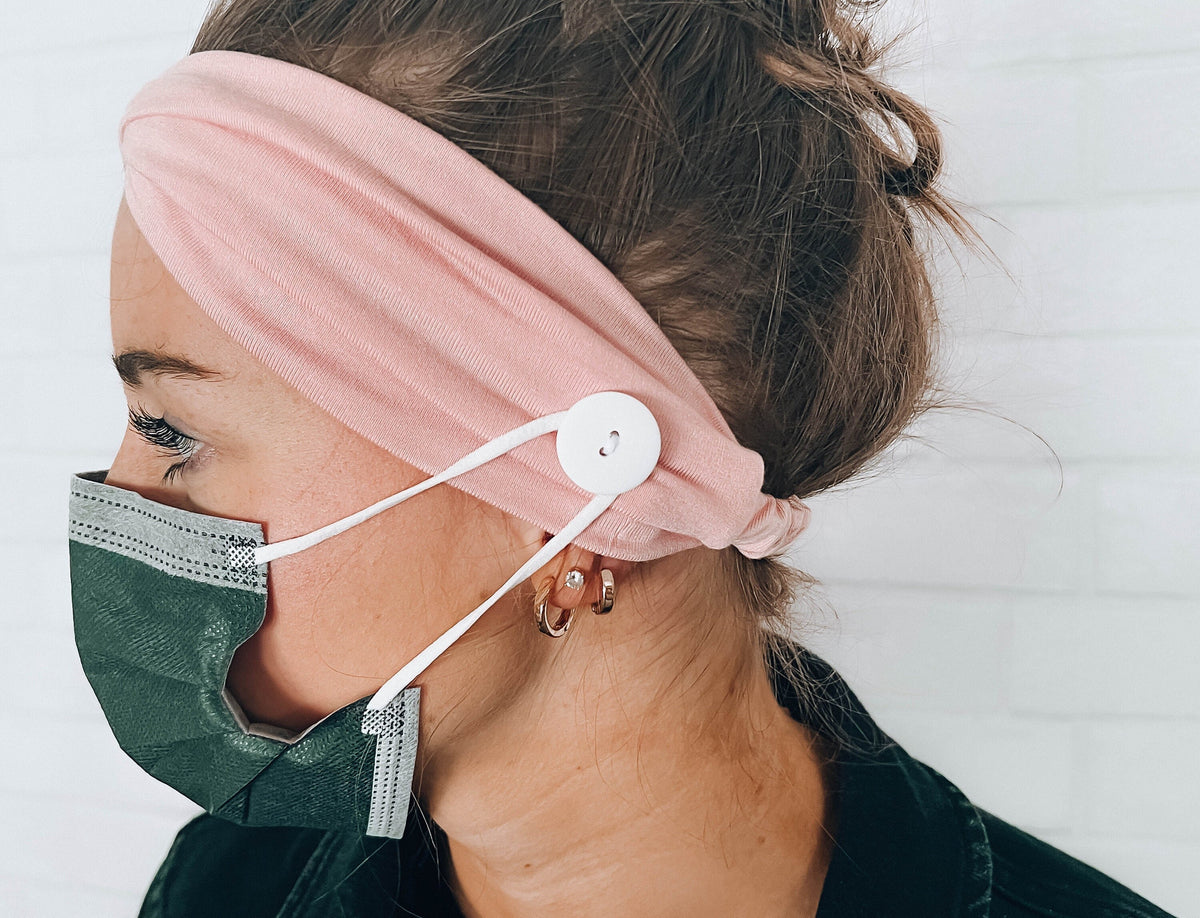 BUTTON TWIST HEADBAND: Soft Pink Headband with Buttons Attached, Healthcare Comfort Sweat Absorbent Headband for Face Mask