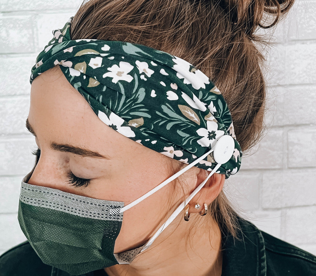 Ear Saver Button Headband Grey Floral Soft Nurse Healthcare Hairband
