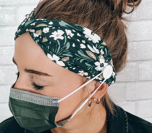 Ear Saver Button Headband Grey Floral Soft Nurse Healthcare Hairband