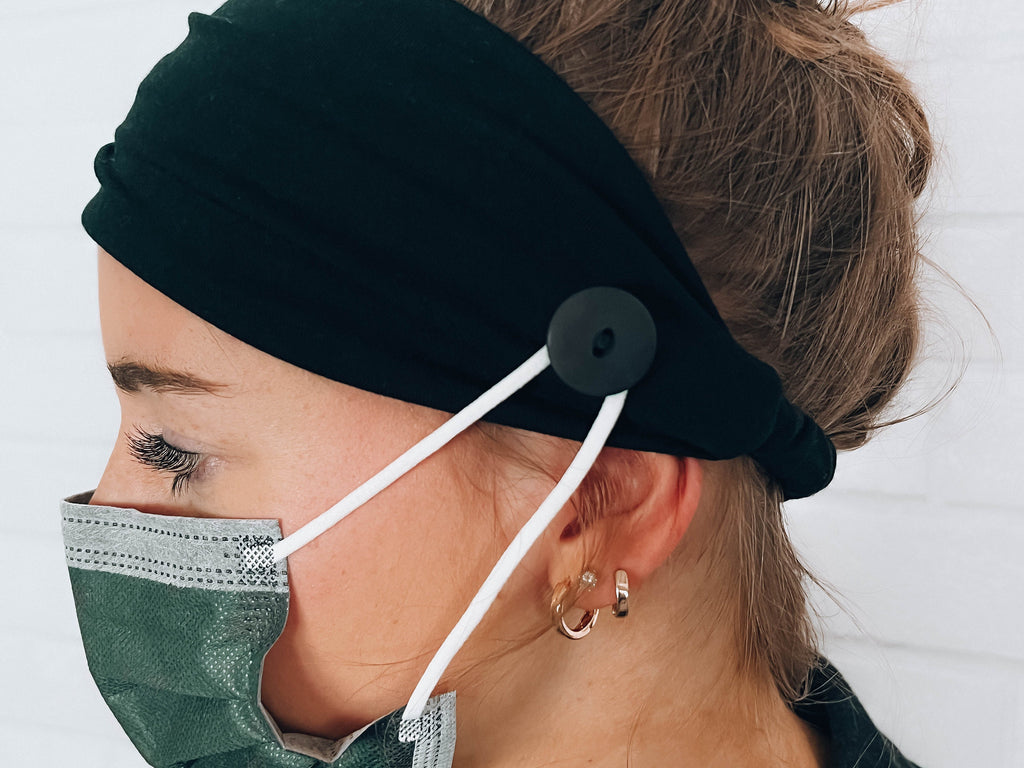 Black Button Headband: Handmade Mask Loop, Non-Slip Comfort
