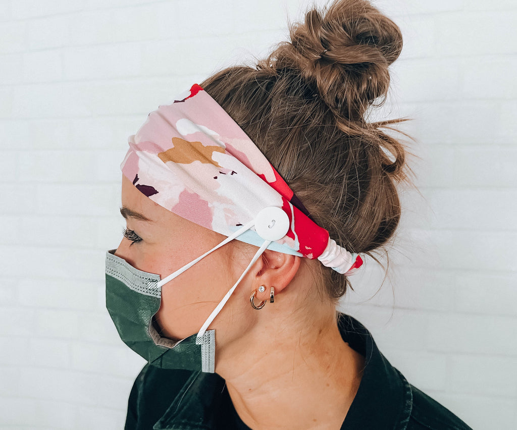 BUTTON HEADBAND: Soft Pink and Purple Headband with Buttons Attached, Healthcare Comfort Sweat Absorbent Headband for Face Mask