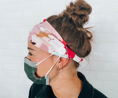 BUTTON HEADBAND: Soft Pink and Purple Headband with Buttons Attached, Healthcare Comfort Sweat Absorbent Headband for Face Mask