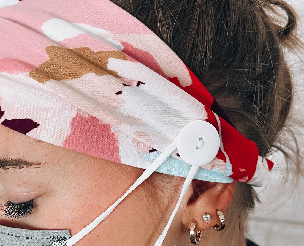 BUTTON HEADBAND: Soft Pink and Purple Headband with Buttons Attached, Healthcare Comfort Sweat Absorbent Headband for Face Mask