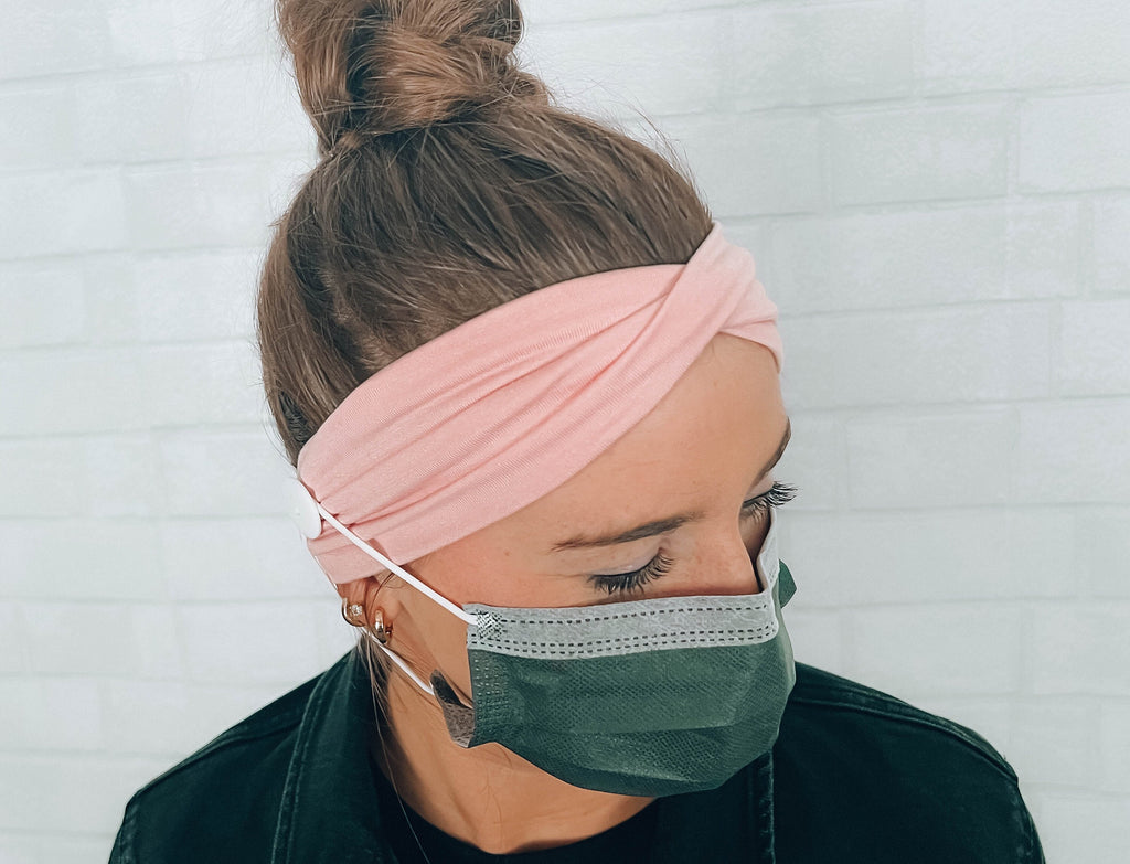 BUTTON TWIST HEADBAND: Soft Pink Headband with Buttons Attached, Healthcare Comfort Sweat Absorbent Headband for Face Mask
