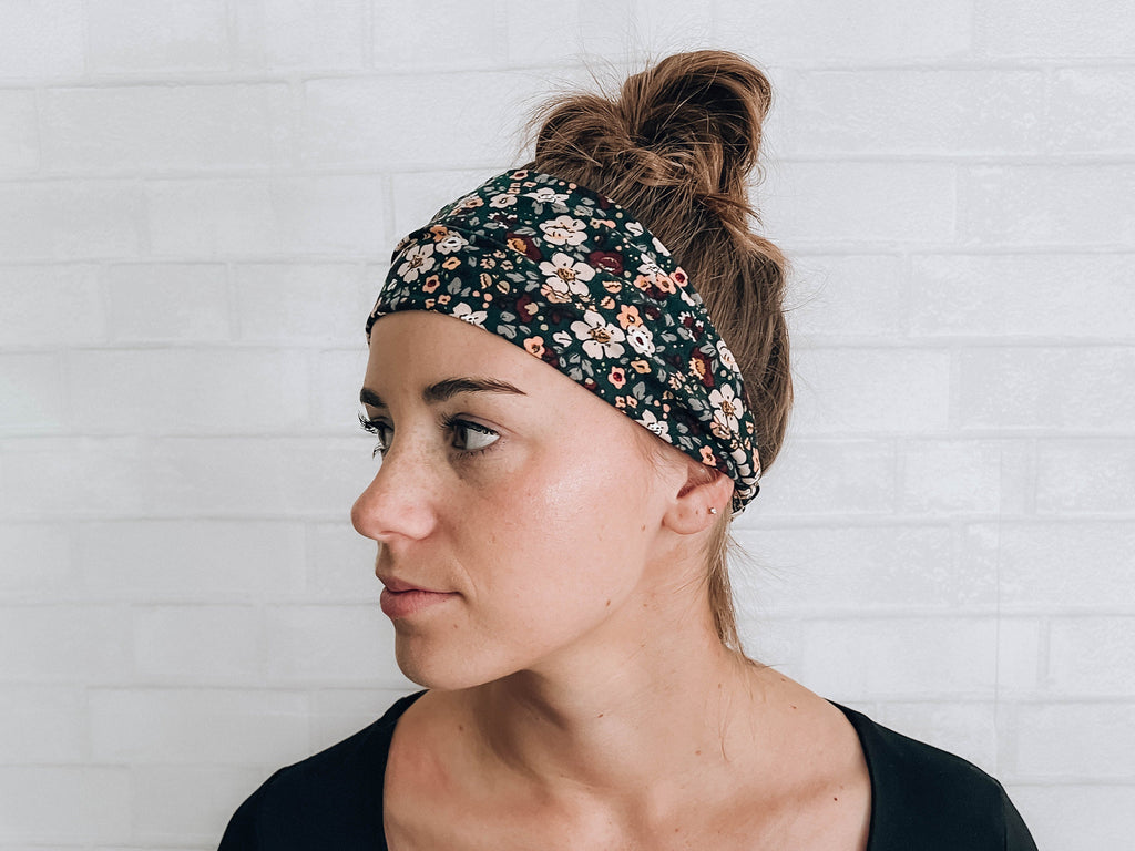 No Slip Softest Headband Ever Dark Green Fun Floral Print