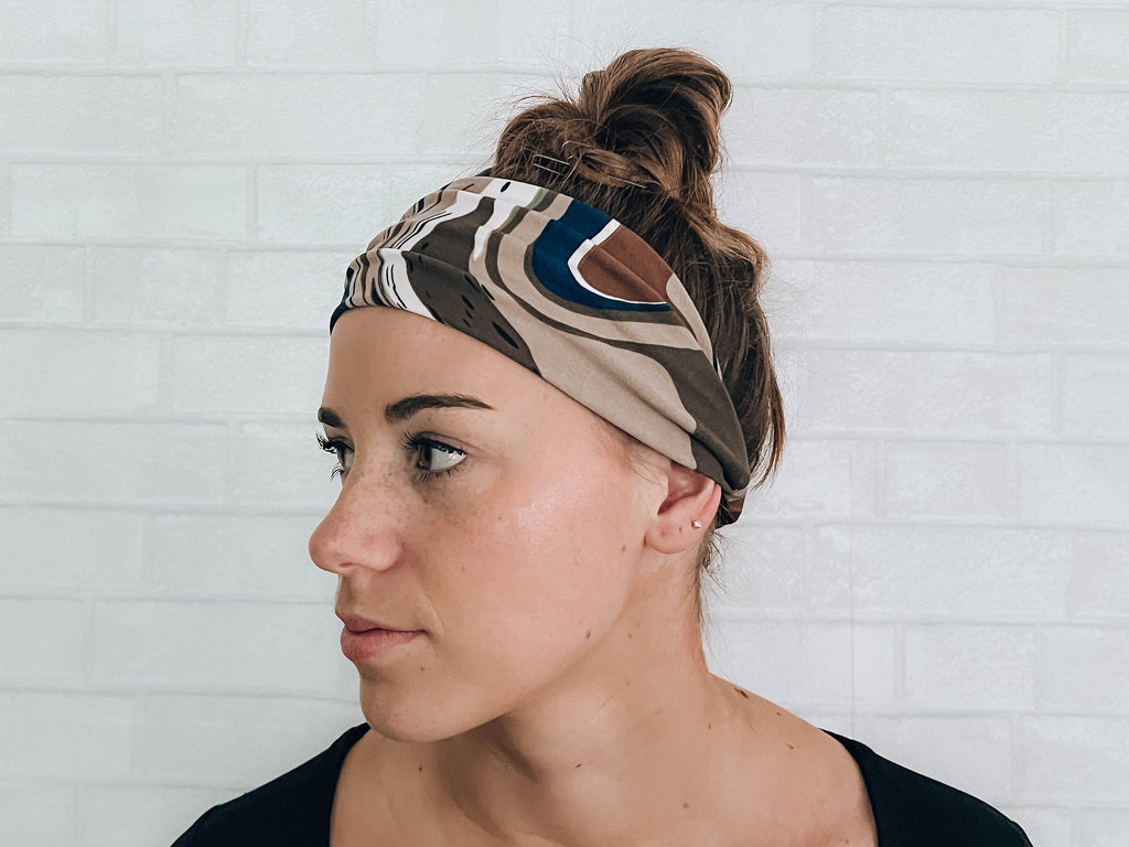 Soft Versatile No Slip Wide Twist Headband Green Brown Marble Swirl