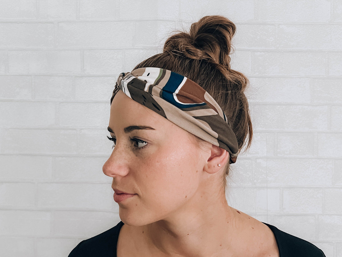 Soft Versatile No Slip Wide Twist Headband Green Brown Marble Swirl
