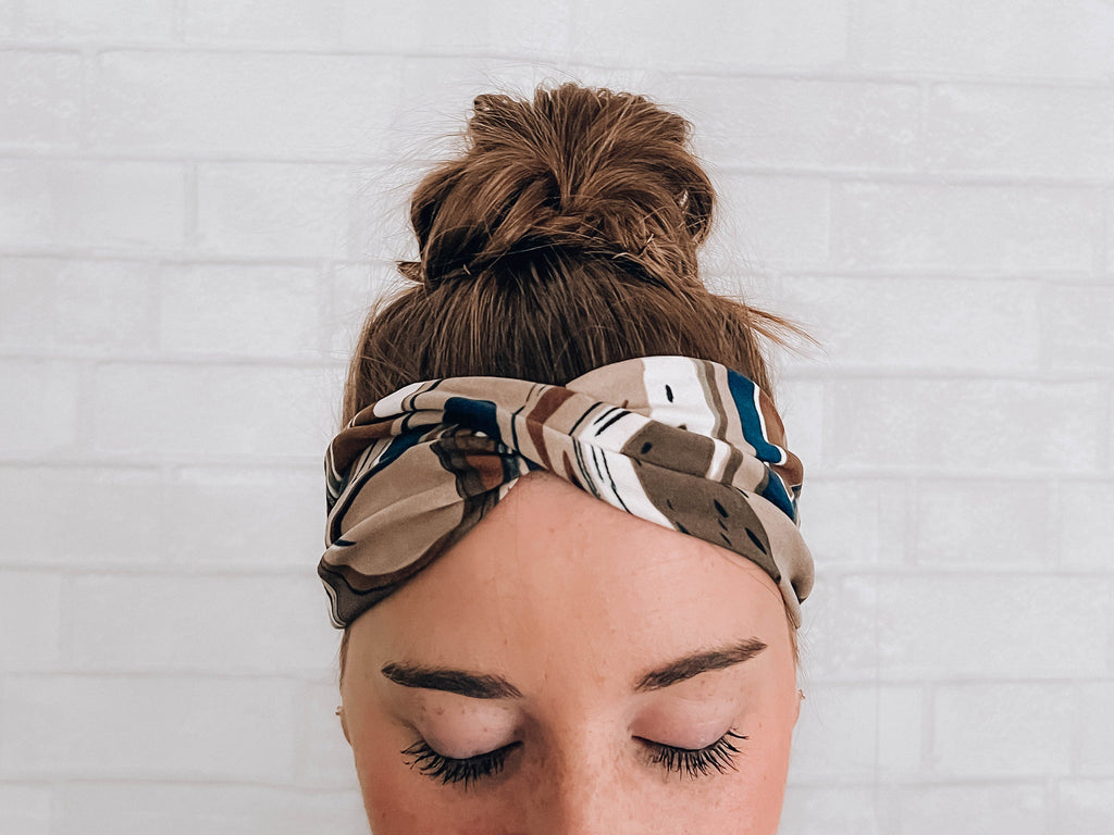 Soft Versatile No Slip Wide Twist Headband Green Brown Marble Swirl