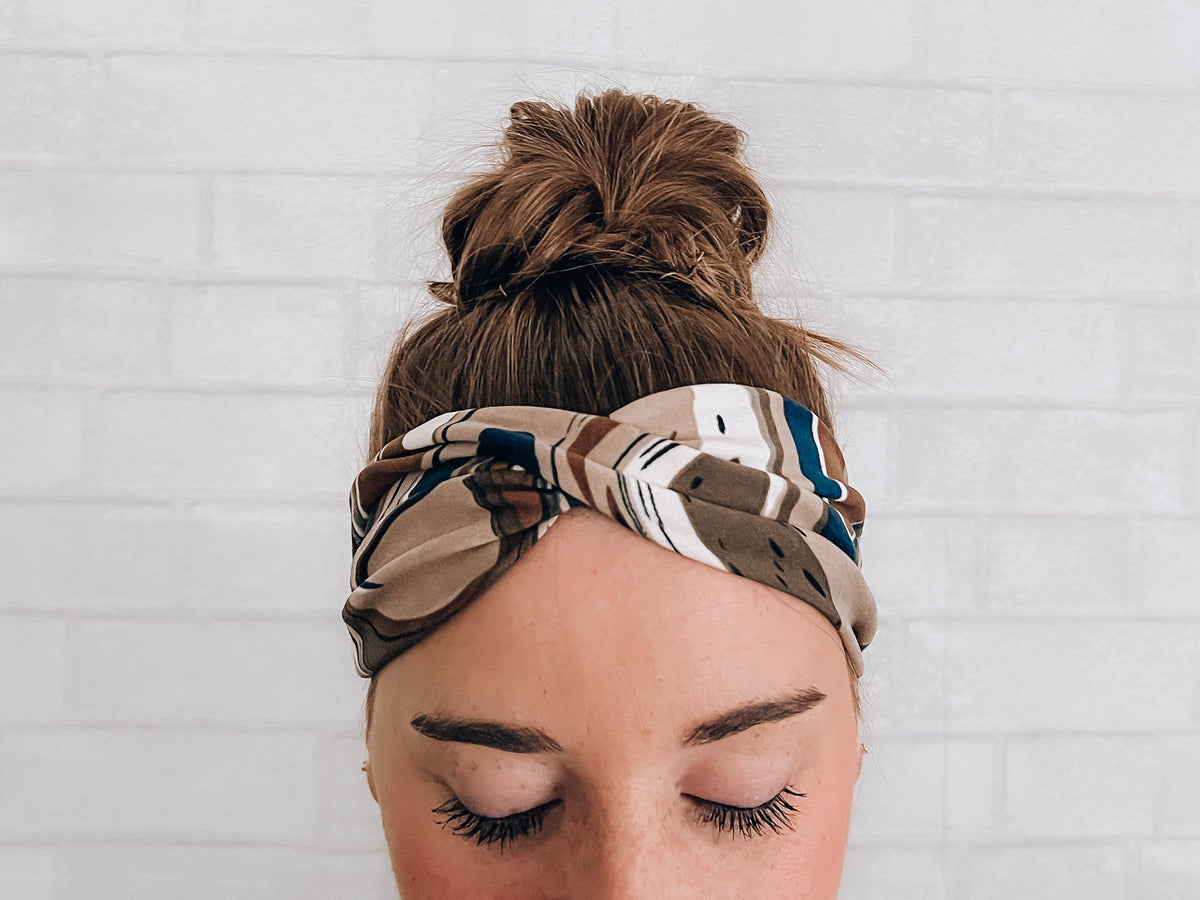 Soft Versatile No Slip Wide Twist Headband Green Brown Marble Swirl
