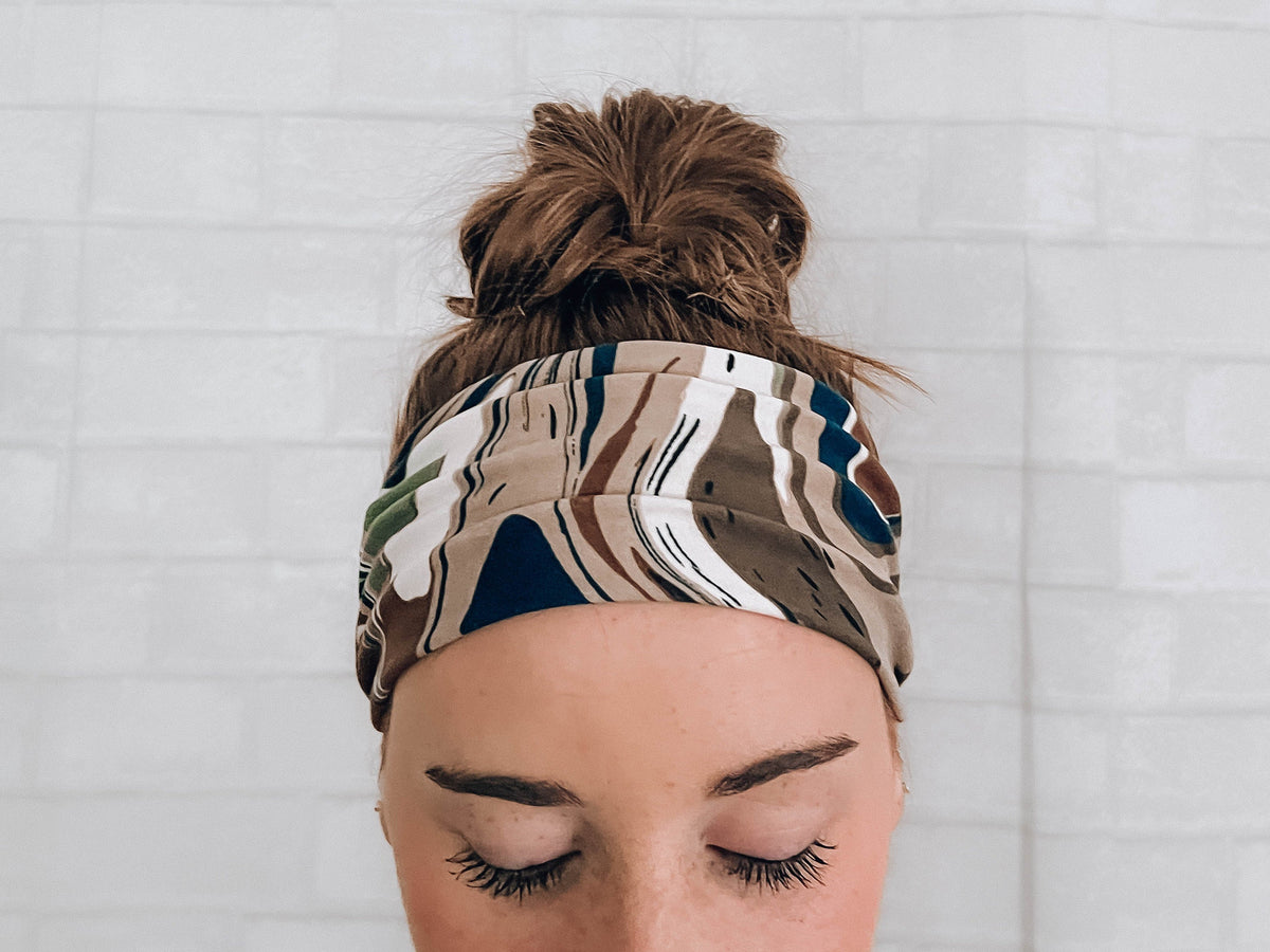 Soft Versatile No Slip Wide Twist Headband Green Brown Marble Swirl