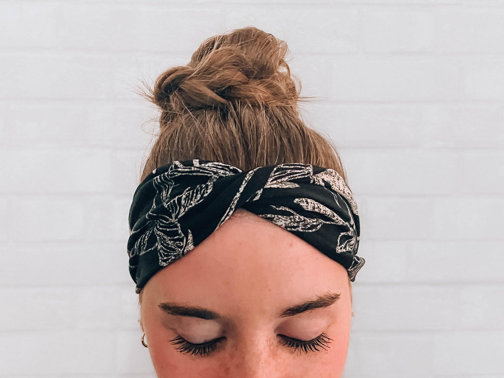 No Slip Super Soft Sweat Headband Black with Tan Floral