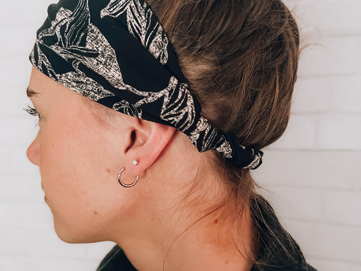 No Slip Super Soft Sweat Headband Black with Tan Floral
