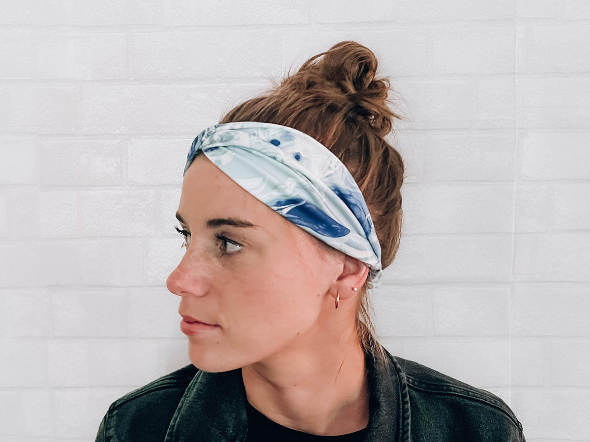 Soft Versatile No Slip Wide Twist Headband Blue Watercolor Print