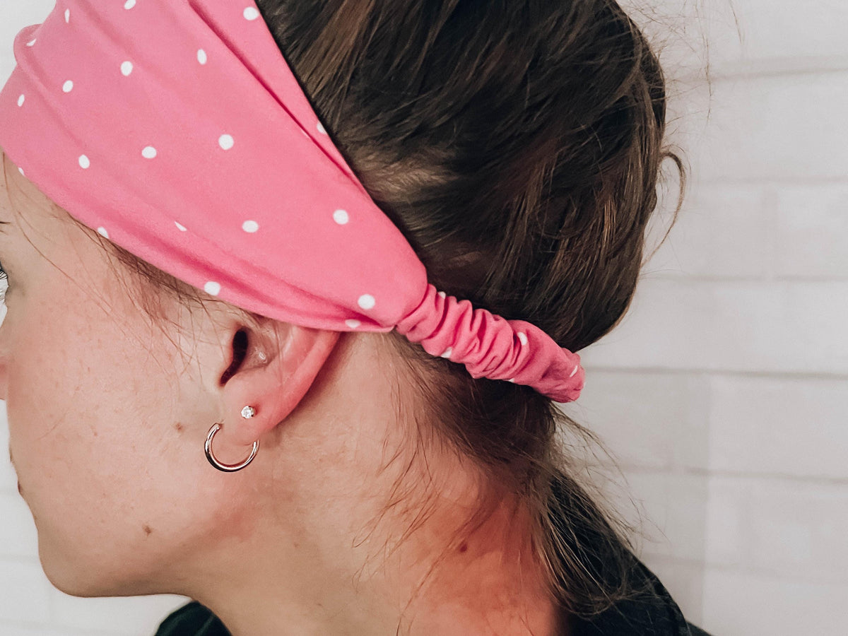 No Slip Super Soft Wide Twist Sweat Headband Pink with Polka Dots