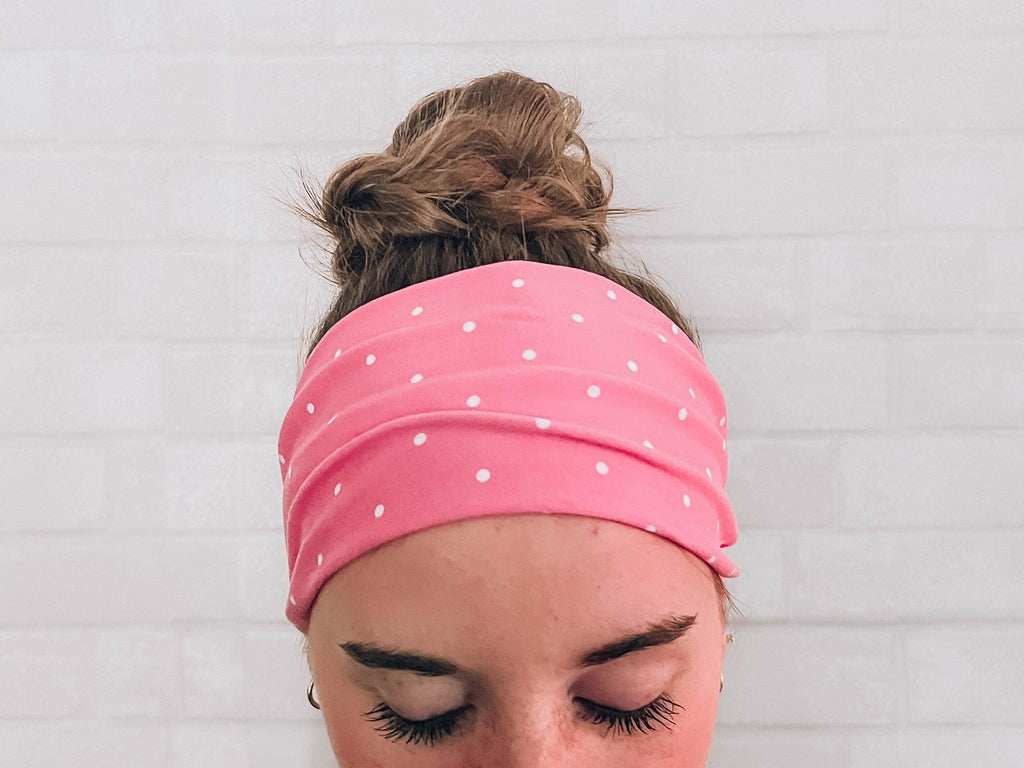 No Slip Super Soft Wide Twist Sweat Headband Pink with Polka Dots