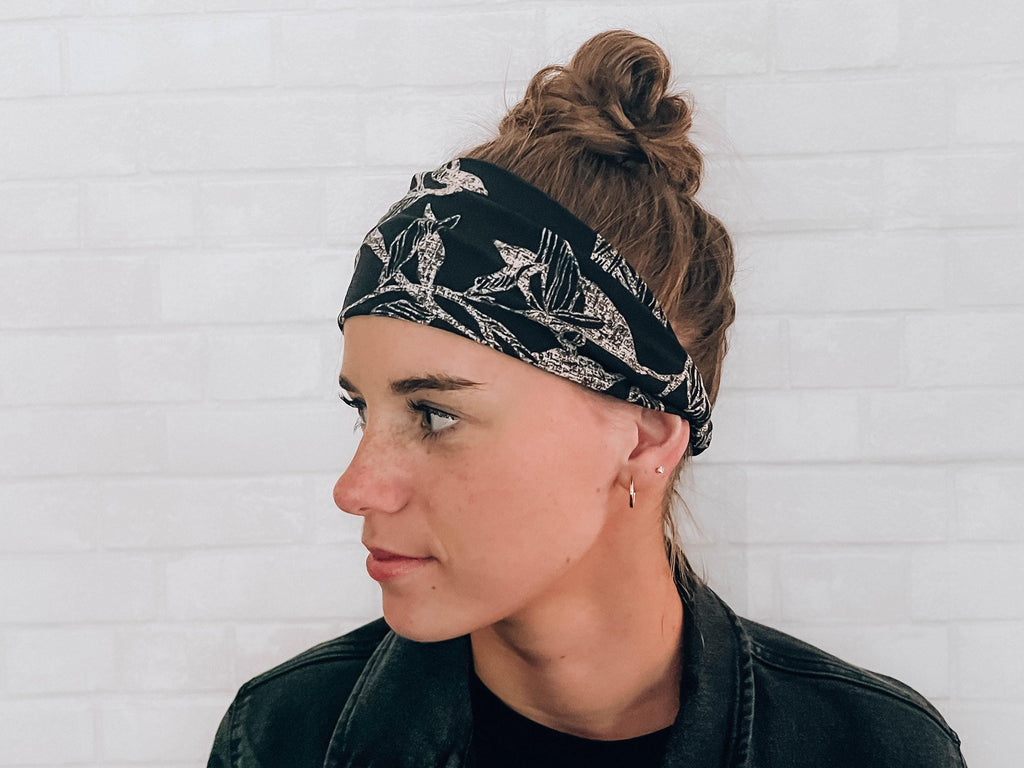 No Slip Super Soft Sweat Headband Black with Tan Floral