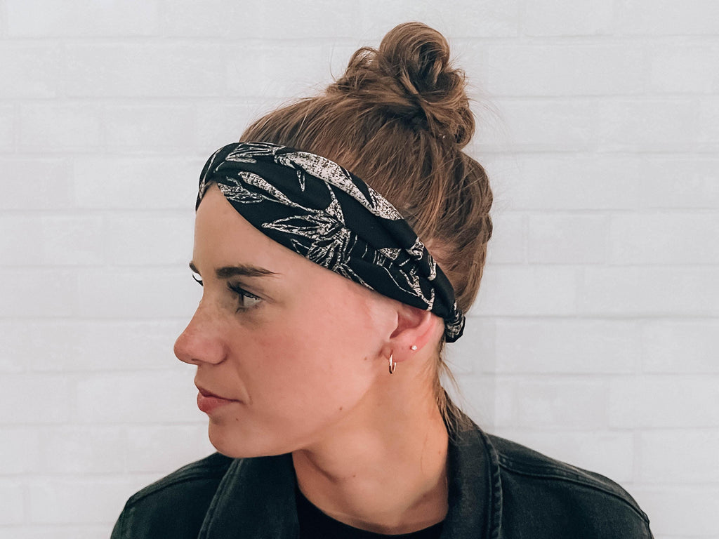 No Slip Super Soft Sweat Headband Black with Tan Floral