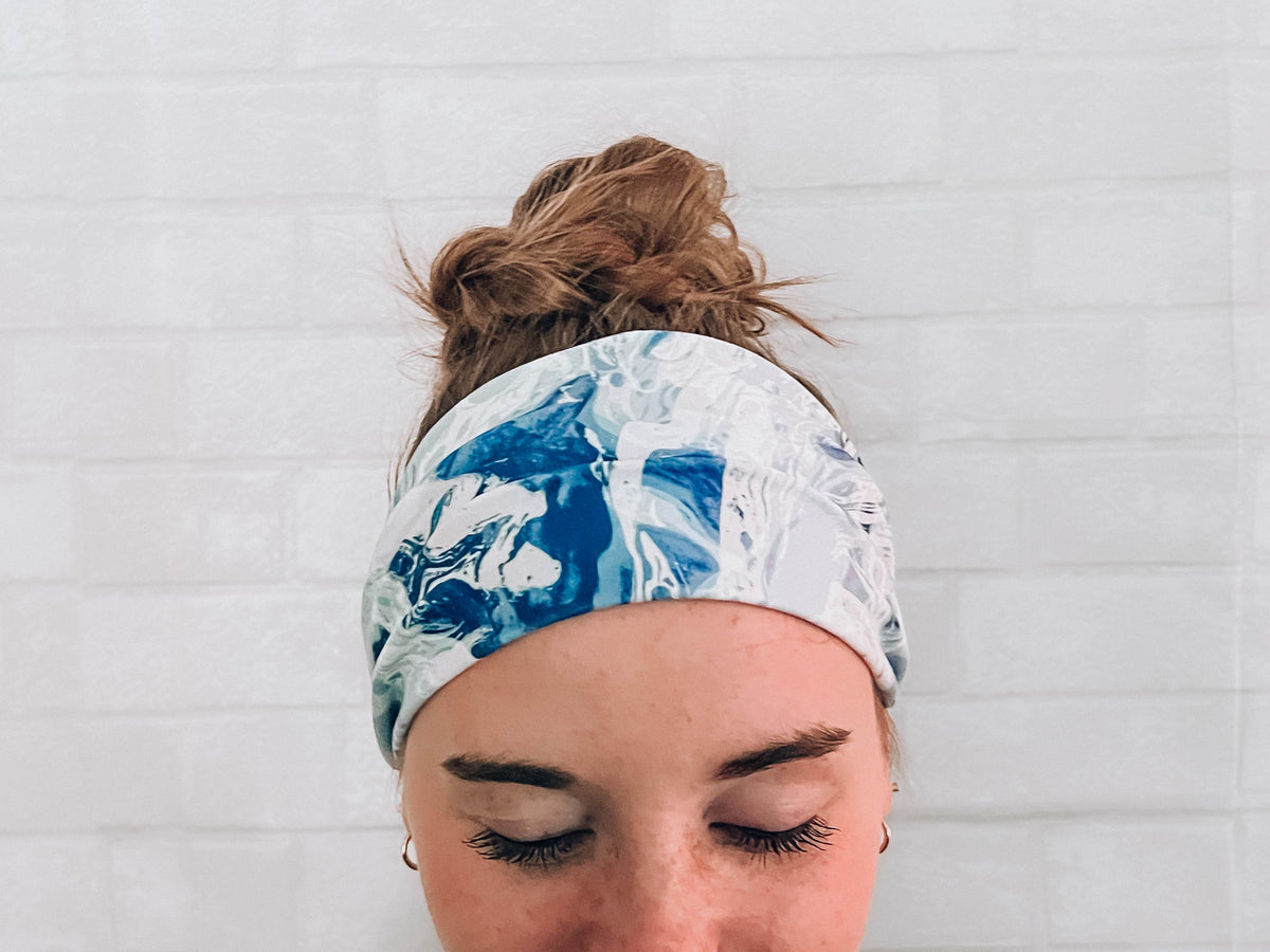 Soft Versatile No Slip Wide Twist Headband Blue Watercolor Print