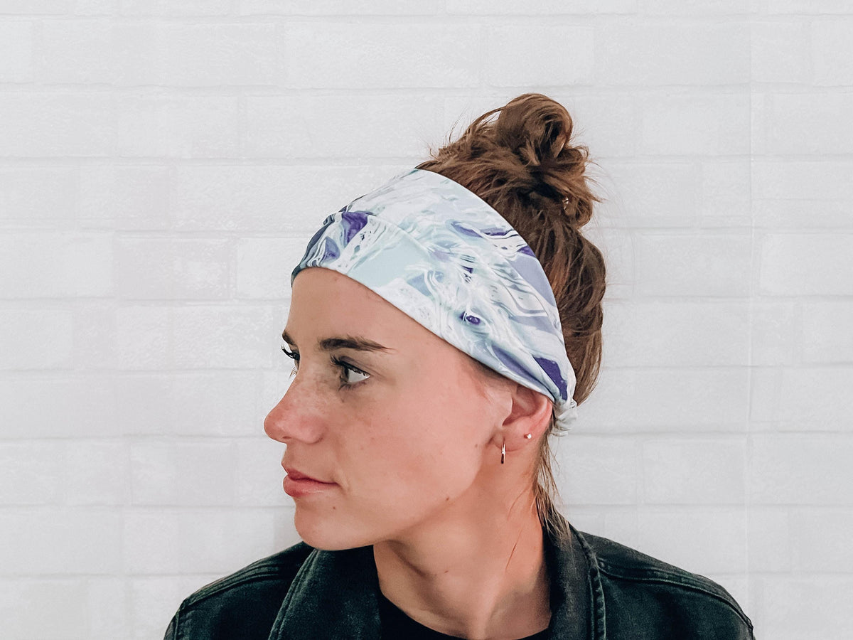 Soft Versatile No Slip Wide Twist Headband Blue Watercolor Print