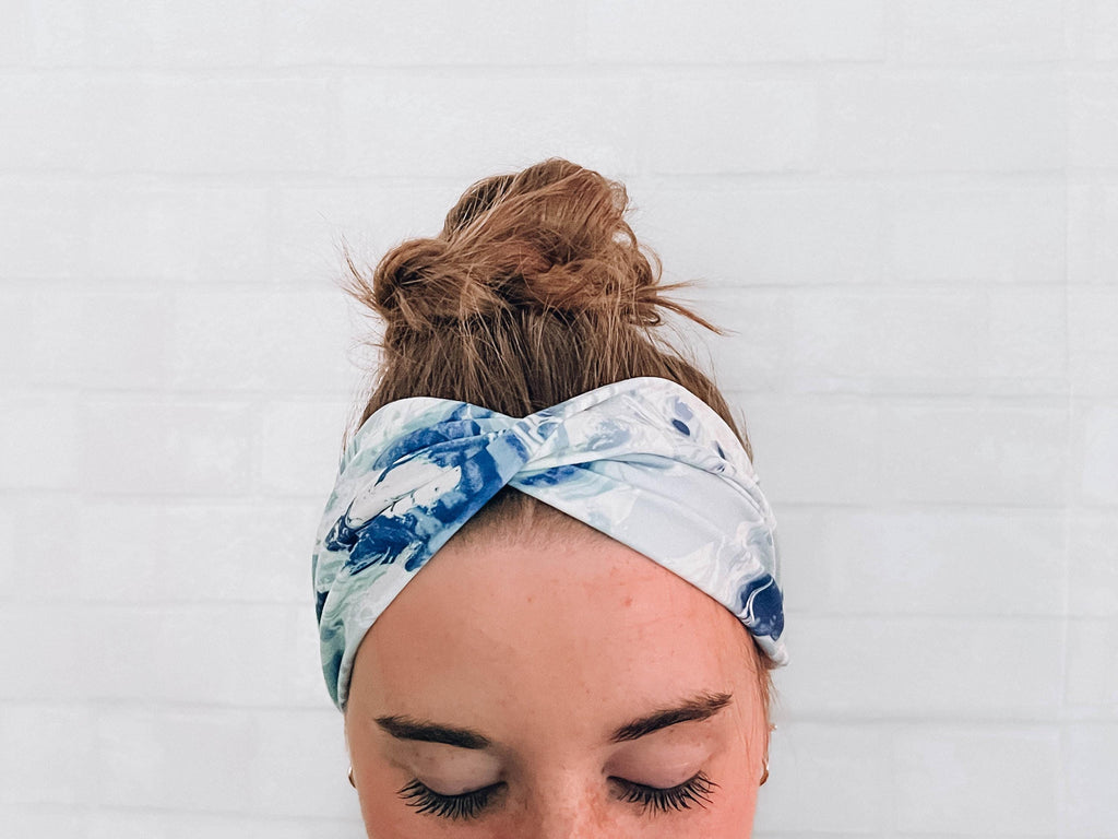 Soft Versatile No Slip Wide Twist Headband Blue Watercolor Print