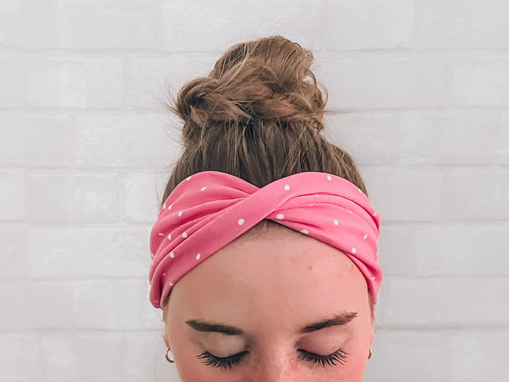 No Slip Super Soft Wide Twist Sweat Headband Pink with Polka Dots