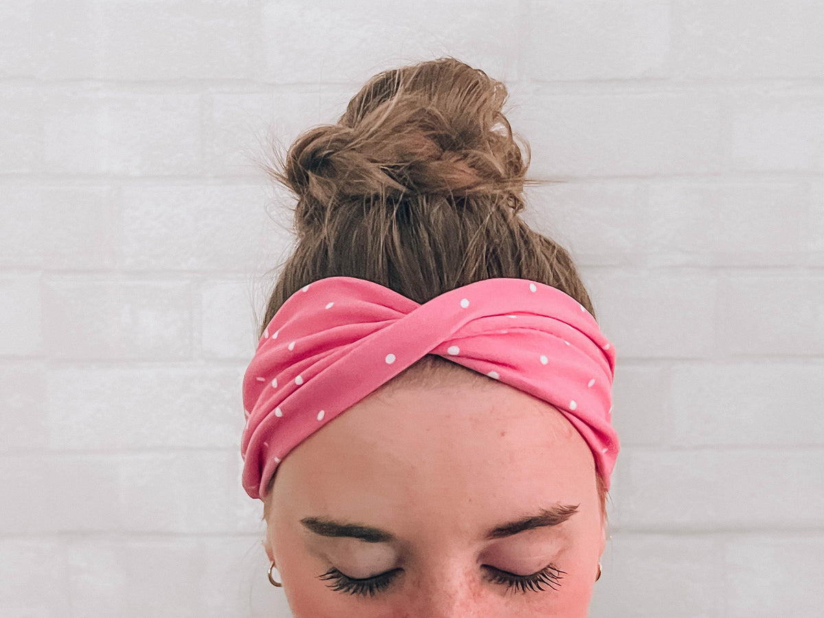No Slip Super Soft Wide Twist Sweat Headband Pink with Polka Dots