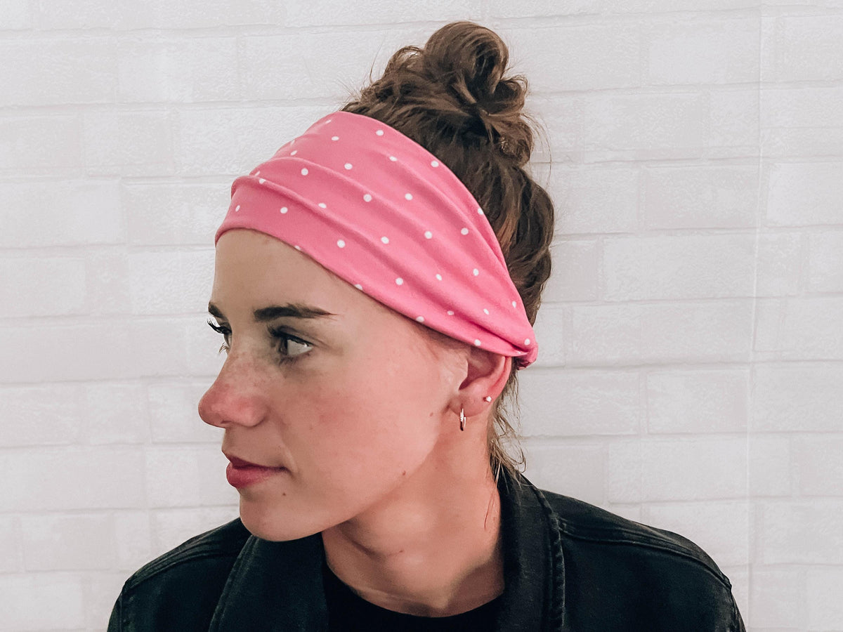 No Slip Super Soft Wide Twist Sweat Headband Pink with Polka Dots