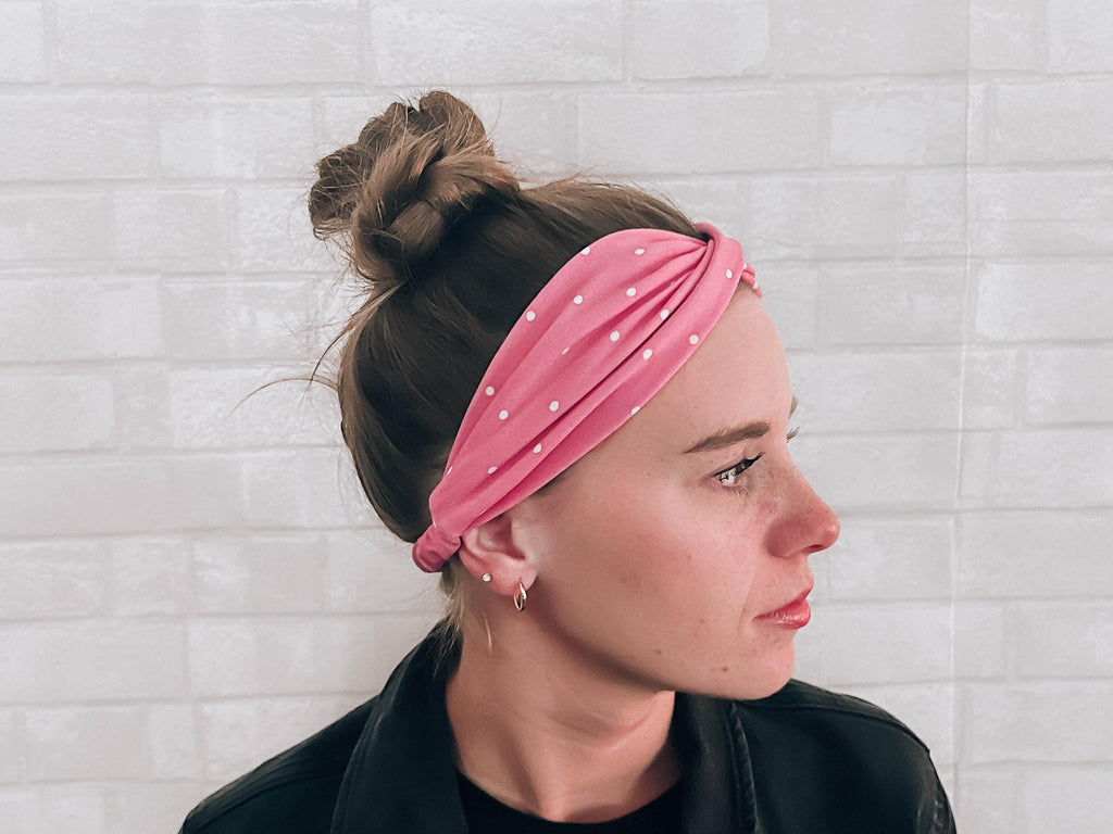 No Slip Super Soft Wide Twist Sweat Headband Pink with Polka Dots