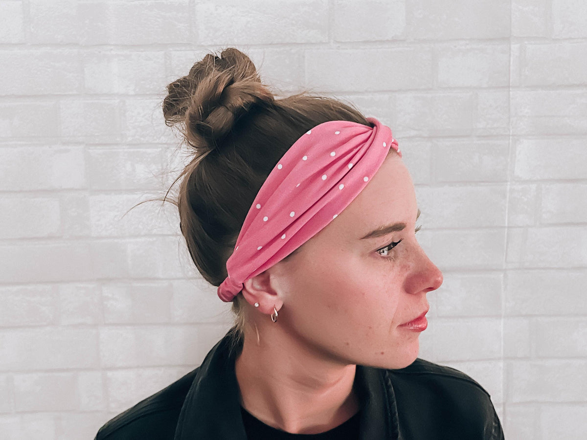No Slip Super Soft Wide Twist Sweat Headband Pink with Polka Dots