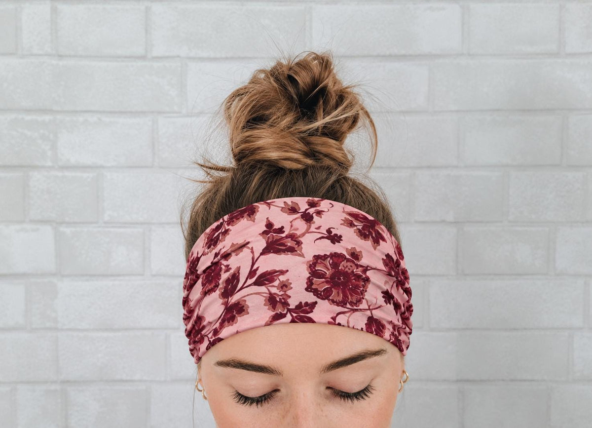 Soft No Slip Wide Comfort Headband Hairband in Pink & Maroon Floral Print
